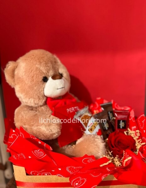 Cassetta peluche +cioccolatini+rosa